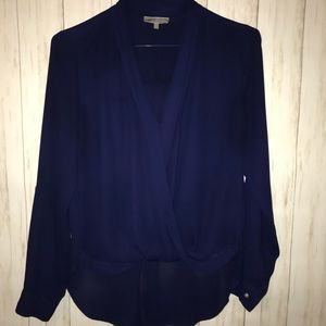 Long sleeved cross-over navy blouse
